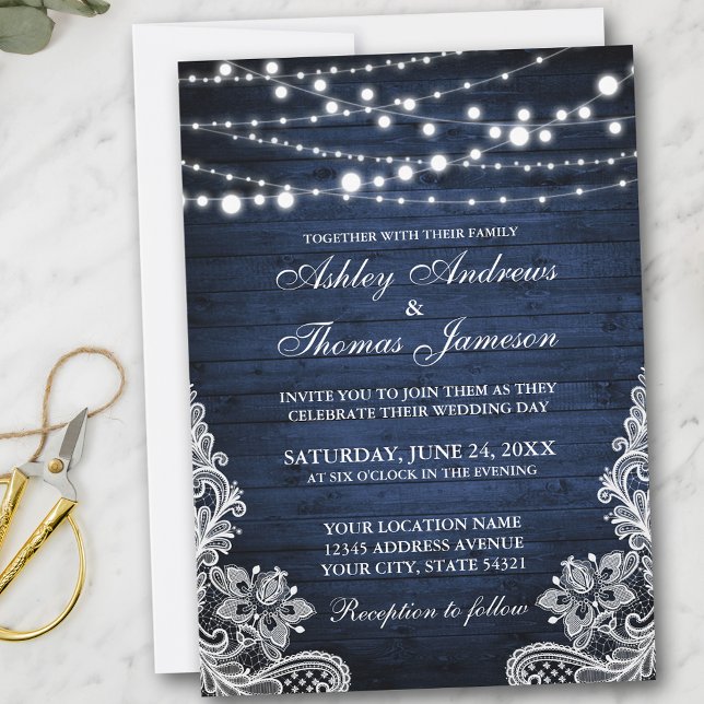 Invitation Mariage Rustique Bleu Chaîne de  Lumières Dentelle (Customize to add more text or photos to back of card.)