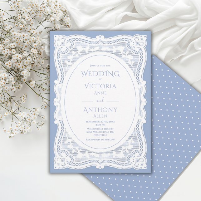 Invitation Mariage rustique bleu en dentelle blanche vintage (Créateur téléchargé)