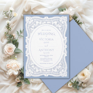 Invitation Mariage rustique bleu en dentelle blanche vintage