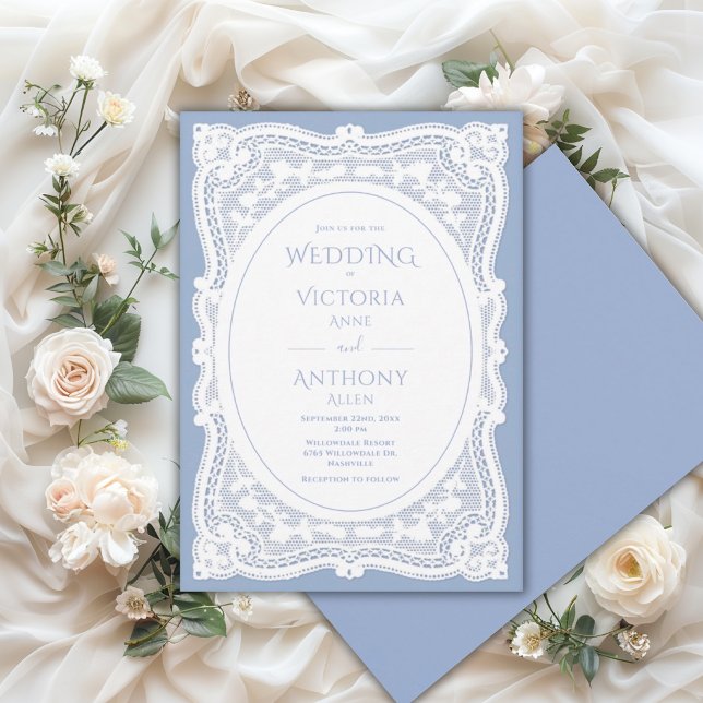 Invitation Mariage rustique bleu en dentelle blanche vintage (Créateur téléchargé)