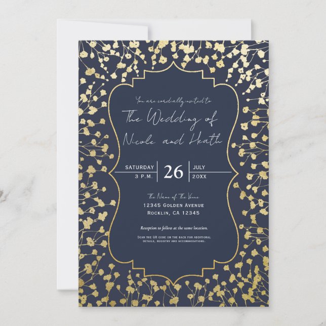 Invitation Mariage rustique bleu floral Baby's Breath or (Devant)