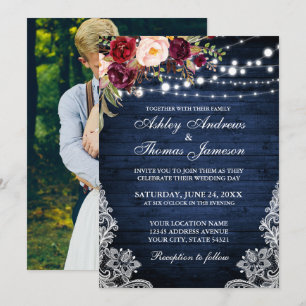 Invitation Mariage rustique Bleu Lumières dentelle Florale Ph