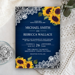Invitation Mariage Rustique Bleu Marine Bois Dentelle Tournes