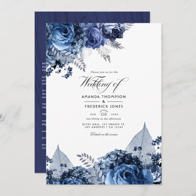 Invitation Mariage rustique bleu marine et blanc avec faux pa (Devant / Derrière)