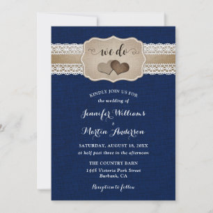 Invitation Mariage Rustique Bleu Marine Toile de Jute et Dent