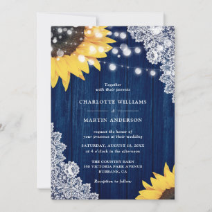 Invitation Mariage Rustique Bleu Nuit Bois Dentelle Tournesol