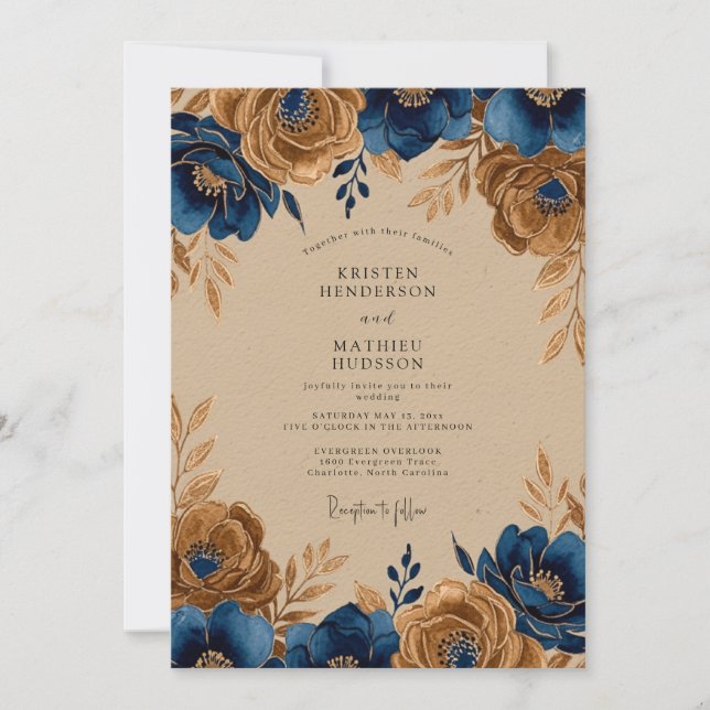 Invitation Mariage Rustique Bleu Nuit et Or (Devant)