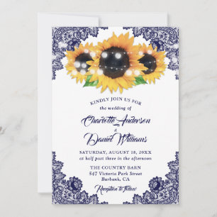 Invitation Mariage Rustique Bleu Nuit Fleur de Tournesol en D