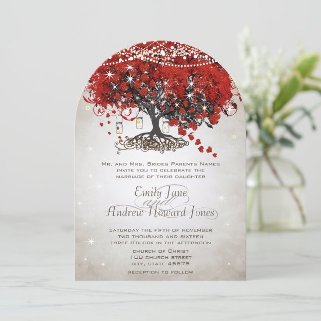 Invitation Mariage Rustique Bocal Rouge Coeur Feuille Arbre (Debout devant)