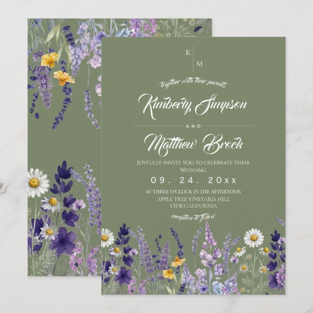 Invitation Mariage rustique bohème avec sauge fleur sauvage e (Devant / Derrière)
