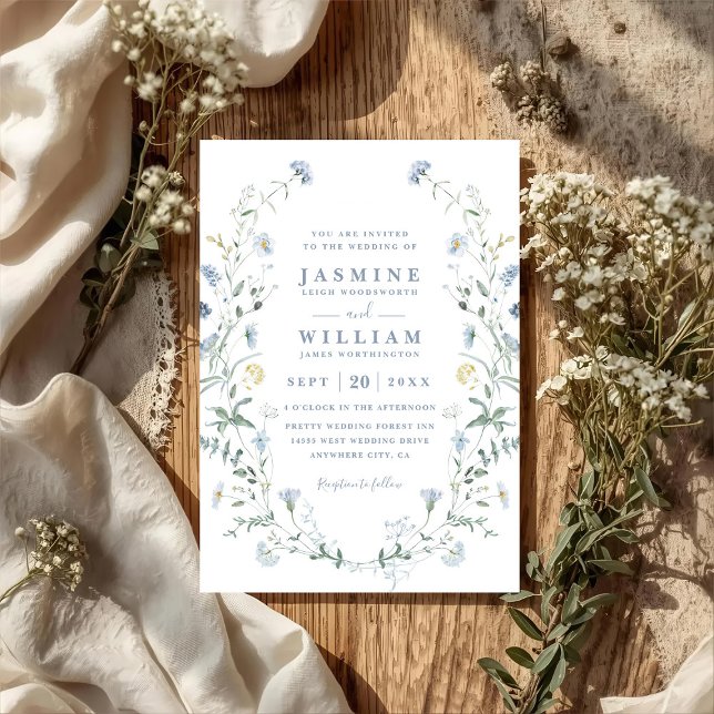 Invitation Mariage Rustique Bohème Code QR Fleur Sauvage Bleu (Créateur téléchargé)
