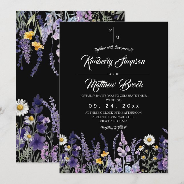 Invitation Mariage rustique bohème sauvage noir (Devant / Derrière)