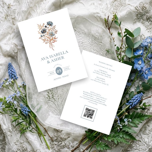 Invitation Mariage rustique boho botanique posy bleu TLW26 (Rustic Boho Botanical Posy Dusty Blue Wedding Invitation Card with a Lovely Watercolor Effect.)