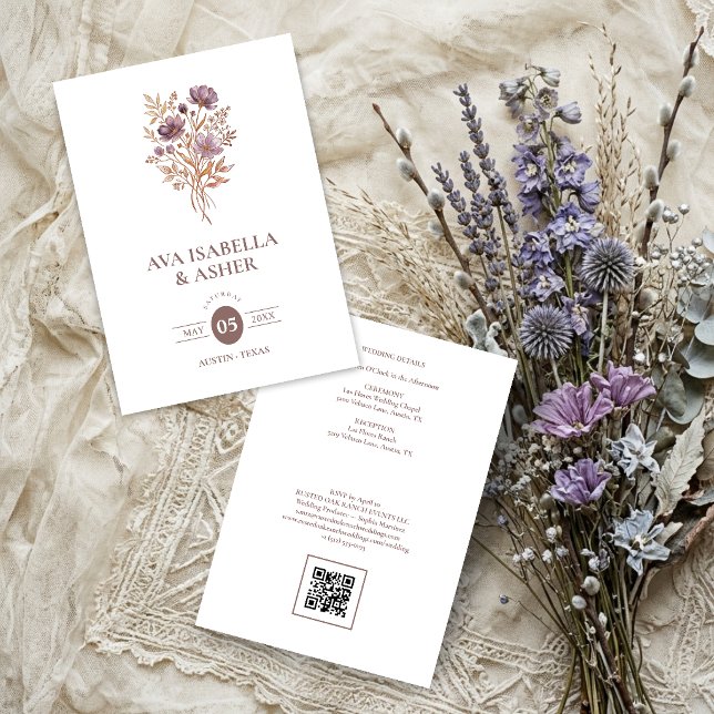 Invitation Mariage rustique boho botanique posy mauve TLW26 (Rustic Boho Botanical Posy Mauve Purple Wedding Invitation Card with a Lovely Watercolor Effect.)