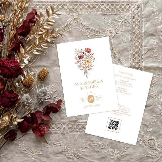 Invitation Mariage rustique boho botanique Posy Or TLW26 (Rustic Boho Botanical Posy Gold Wedding Invitation Card with a Lovely Watercolor Effect.)