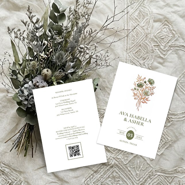Invitation Mariage rustique boho botanique posy sauge TLW26 (Rustic Boho Botanical Posy Sage Green Wedding Invitation Card with a Lovely Watercolor Effect.)