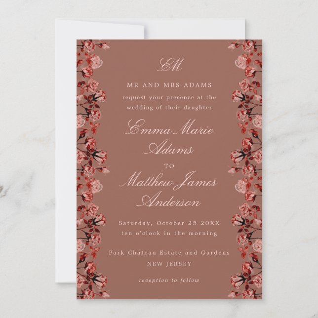 Invitation Mariage rustique boho chic aquarelle marron bordea (Devant)