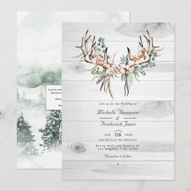 Invitation Mariage Rustique Boho Code QR Coton et Eucalyptus (Devant / Derrière)