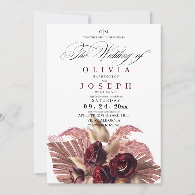 Invitation Mariage rustique Boho Floral Bourgogne (Devant)