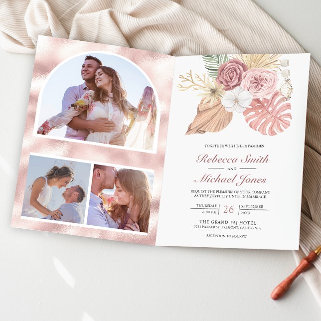 Invitation Mariage Rustique Boho Palmier Roses Rose Poussiére (Créateur téléchargé)