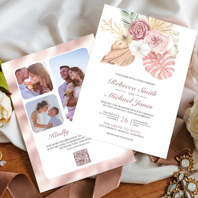 Invitation Mariage Rustique Boho Palmier Roses Rose Poussiére (Créateur téléchargé)