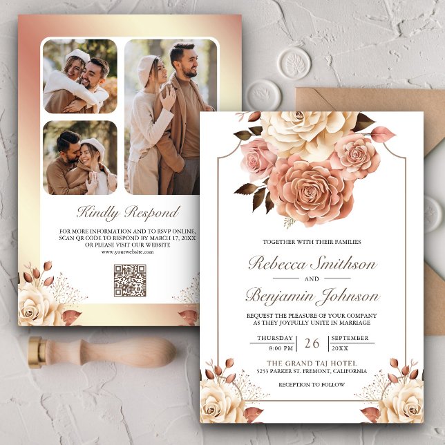 Invitation Mariage Rustique Boho Rose Gold Ivoire Code QR Flo (Créateur téléchargé)
