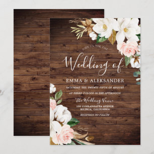 Invitation Mariage Rustique Bois Blush & Fleurs Blanches