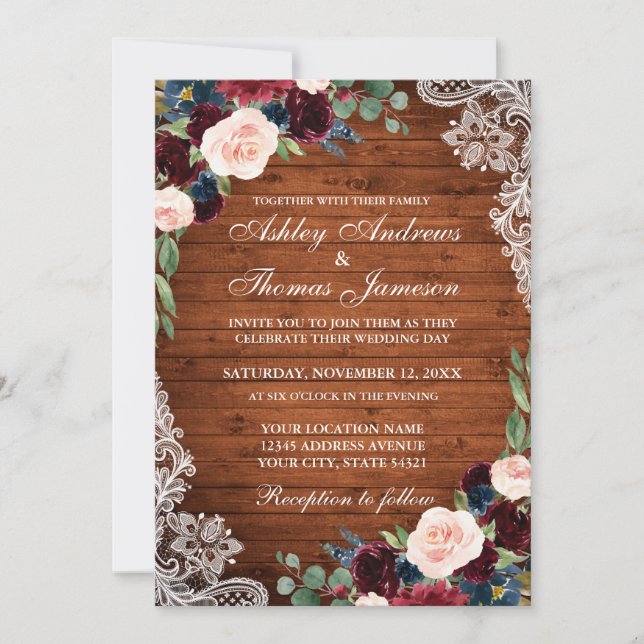 Invitation Mariage rustique Bois Bourgogne Bleu Floral Invita (Devant)
