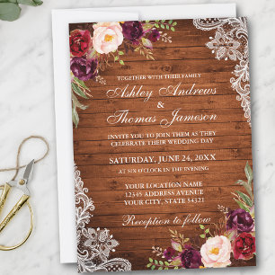 Invitation Mariage Rustique Bois Bourgogne Floral Dentelle In