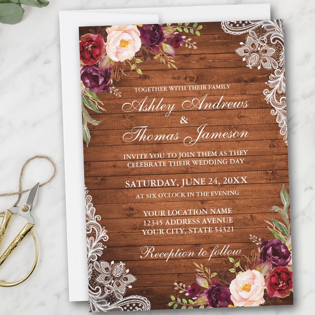 Invitation Mariage Rustique Bois Bourgogne Floral Dentelle In (Customize to add more text or photos to back of card.)