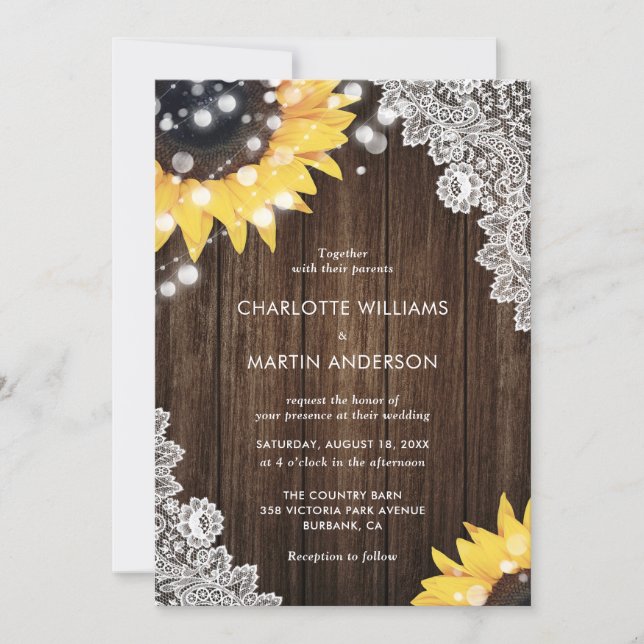 Invitation Mariage Rustique Bois Dentelle Burlap Cœurs Tourne (Devant)