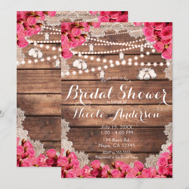 Invitation Mariage Rustique Bois Dentelle Roses Rose Clair Sa (Devant / Derrière)