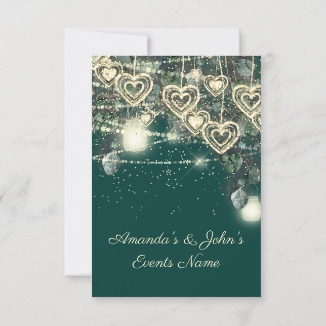 Invitation Mariage Rustique Bois Doré Coeurs Lumières Vert (Dos)