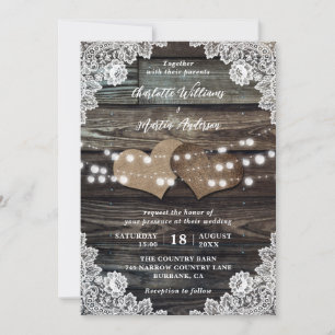 Invitation Mariage Rustique Bois Floral Lace Burlap Coeurs