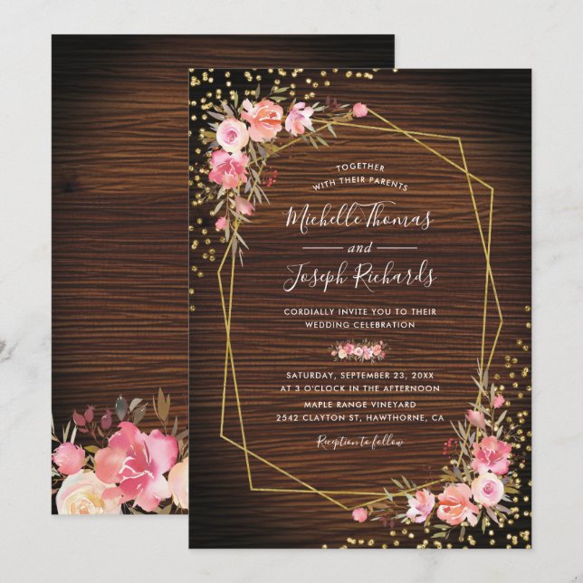 Invitation Mariage rustique bois géométrique or rose floral (Devant / Derrière)