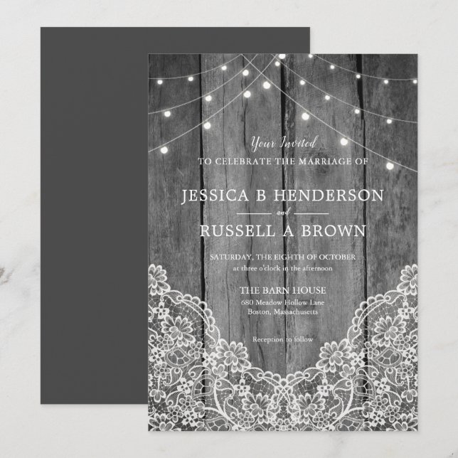 Invitation Mariage Rustique Bois Lumière Broderie B&W (Devant / Derrière)