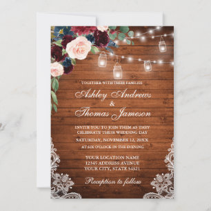 Invitation Mariage Rustique Bois Lumières Jars Lace Floral