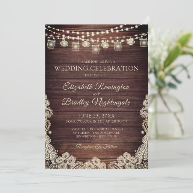 Invitation Mariage Rustique Bois Lumières Mason Jars dentelle (Debout devant)