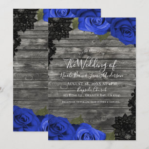Invitation Mariage Rustique Bois Noir Lace Roses Bleues