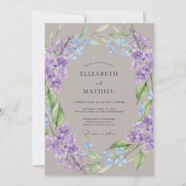 Invitation Mariage rustique botanique à l'aquarelle violette (Devant)