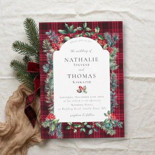Invitation Mariage rustique botanique en plaid rouge baies d'