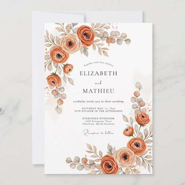 Invitation Mariage rustique botanique orange brûlé (Devant)