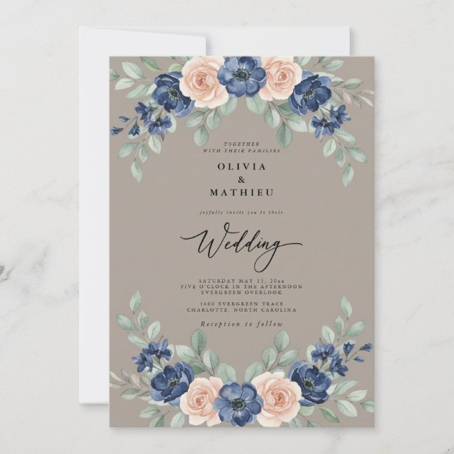 Invitation Mariage rustique botanique taupe marine (Devant)