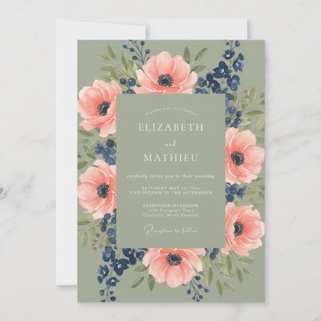 Invitation Mariage rustique botanique vert sauge corail (Devant)