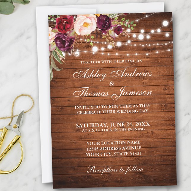 Invitation Mariage rustique Bourgogne Floral Lumières Invitat (Customize to add more text or photos to back of card.)