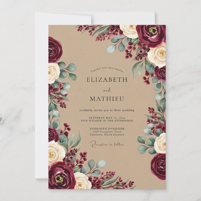 Invitation Mariage Rustique Bourguignon en Fleur (Devant)