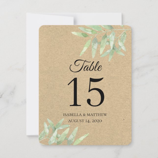 Invitation Mariage rustique. Branche d'olive. Numéros de tabl (Devant)