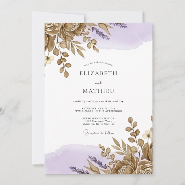 Invitation Mariage rustique bronze lavande (Devant)