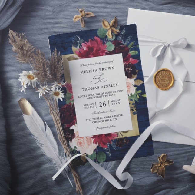 Invitation Mariage Rustique Budget Code QR Bleu Marine Bourgo (Créateur téléchargé)