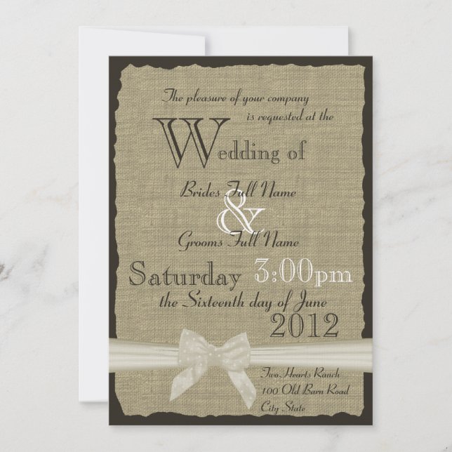 Invitation Mariage rustique Burlap and Bows 5x7 (Devant)
